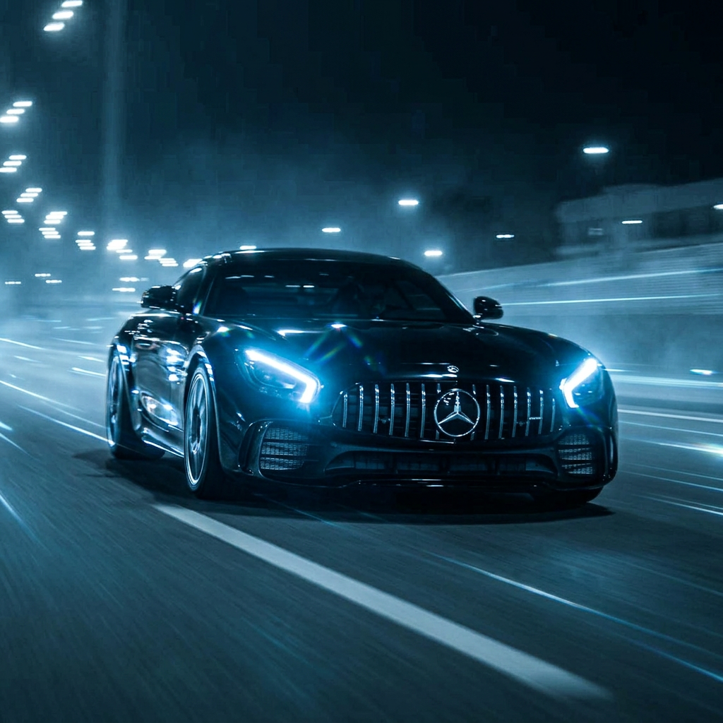 Black car with glowing blue headlights on a highway at night