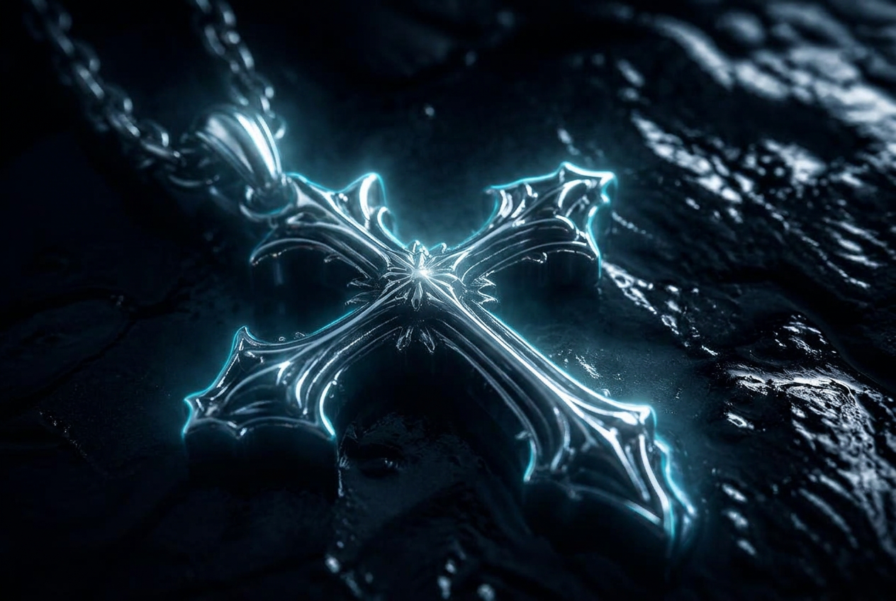 Chrome gothic cross pendant on a dark wet surface